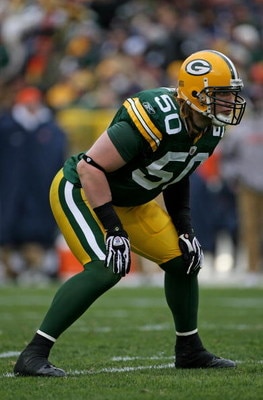 GREEN BAY, WI - NOVEMBER 16:  Linebacker A.J. Hawk #50 of the Green Bay Packers lead his team in defense with six tackles and one assist against the Chicago Bears during NFL action at Lambeau Field on November 16, 2008 in Green Bay, Wisconsin. The Packers