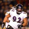 PITTSBURGH - JANUARY 18:  Haloti Ngata #92 of the Baltimore Ravens reacts after he recorded a sack against Ben Roethlisberger #7 of the Pittsburgh Steelers during the AFC Championship game on January 18, 2009 at Heinz Field in Pittsburgh, Pennsylvania. St