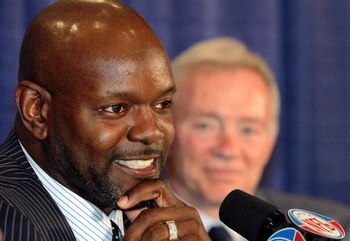 JACKSONVILLE, FL - FEBRUARY 3:  Running back Emmitt Smith reflects on his career during a press conference held to announce his retirement from the NFL after 15 years as Dallas Cowboys owner Jerry Jones looks on at the Prime F. Osborn III Convention Cente
