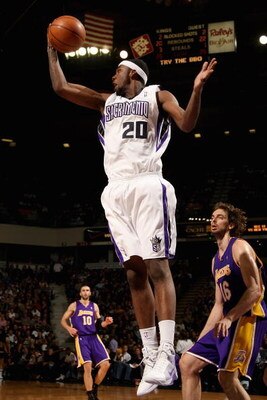 SACRAMENTO, CA - DECEMBER 9:  Donte Green #20 of the Sacramento Kings comes down with a rebound during the game against the Los Angeles Lakers on December 9, 2008 at ARCO Arena in Sacramento, California.  The Kings won 113-101.  NOTE TO USER: User express