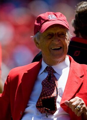 SAINT LOUIS, MO - MAY 18: Former St. Louis Cardinals' player Stan Musial leaves the field after being honored during a ceremony prior to the Cardinals playing the   Tampa Bay Rays on May 18, 2008 at Busch Stadium in St. Louis, Missouri.  The Cardinals bea