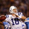 SAN DIEGO - JANUARY 03:  Quarterback Peyton Manning #18 of the Indianapolis Colts drops back to pass during the AFC Wild Card Game against the San Diego Chargers on January 3, 2009 at Qualcomm Stadium in San Diego, California.  (Photo by Harry How/Getty I