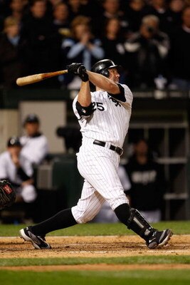 CHICAGO - SEPTEMBER 30:  Jim Thome #25 of the Chicago White Sox flies out in the bottom of the eighth inning against the Minnesota Twins during the American League Central Division Tiebreaker game at U.S. Cellular Field on September 30, 2008 in Chicago, I