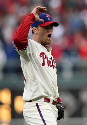 PHILADELPHIA - APRIL 08:  Brad Lidge #54 of the Philadelphia Phillies celebrates victory against the Atlanta Braves at Citizens Bank Park on April 8, 2009 in Philadelphia, Pennsylvania.  (Photo by Nick Laham/Getty Images)