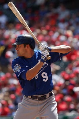 ARLINGTON, TX - APRIL 19:  Left fielder David DeJesus #9 of the Kansas City Royals at bat on April 19, 2009 at Rangers Ballpark in Arlington, Texas.  (Photo by Ronald Martinez/Getty Images)