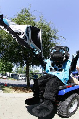 CHARLOTTE, NC - SEPTEMBER 11:  Sir Purr, the Panthers mascot poses for a photo outside Bank of America Stadium prior to the Carolina Panthers season home opener against the New Orleans Saints on September 11, 2005 in Charlotte, North Carolina.  The Saints