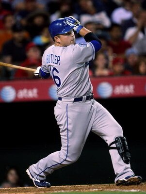 ANAHEIM, CA - MAY 8:  Billy Butler #16 of the Kansas City Royals hits an RBI double in the sixth inning against the Los Angeles Angels of Anaheim on May 8, 2009 at Angel Stadium in Anaheim, California.   (Photo by Stephen Dunn/Getty Images)
