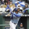 KANSAS CITY, MO - APRIL 12: Alberto Callaspo #13 of the Kansas City Royals makes a hit against the New York Yankees on April 12, 2009 at Kauffman Stadium in Kansas City, Missouri. (Photo by G. Newman Lowrance/Getty Images)