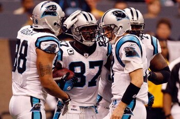 NEW ORLEANS - DECEMBER 28: Mushin Muhammad #87 of the Carolina Panthers celebrates after scoring a touchdown against the New Orleans Saints on December 28, 2008 at the Superdome in New Orleans, Louisiana.  (Photo by Chris Graythen/Getty Images)