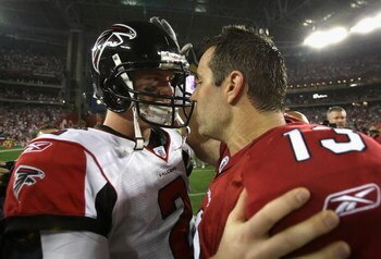 GLENDALE, AZ - JANUARY 03:  Quarterbacks Matt Ryan #2 of the Atlanta Falcons and Kurt Warner #13 of the Arizona Cardinals greet after the NFC Wild Card Game on January 3, 2009 at University of Phoenix Stadium in Glendale, Arizona. The Cardinals defeated t