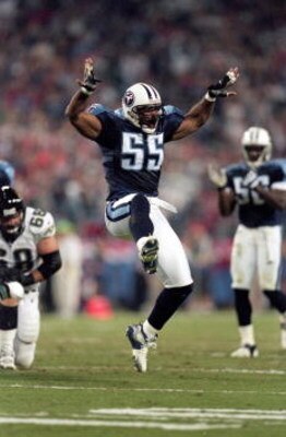 16 Oct 2000:  Eddie Robinson #55 of the Tennessee Titans leaps up to celebrate sacking the Jacksonville Jaguars quarterback during the game at Adelphia Coliseum in Nashville, Tennessee. The Titans defeated the Jaguars 27-13.Mandatory Credit: Andy Lyons  /