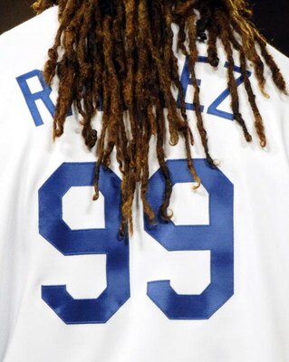 LOS ANGELES, CA - APRIL 16: Hair of Manny Ramirez #99 of the Los Angeles Dodgers against the San Francisco Giants during the second inning at Dodger Stadium on April 16, 2009 in Los Angeles, California. (Photo by Harry How/Getty Images)