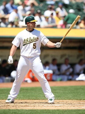 OAKLAND, CA - MAY 07:  Matt Holliday #5 of the Oakland Athletics bats against the Texas Rangers during a Major League Baseball game on May 7, 2009 at the Oakland Coliseum in Oakland, California.  (Photo by Jed Jacobsohn/Getty Images)