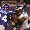 EAST RUTHERFORD, NJ - DECEMBER 17:  Offensive tackle William Thomas #72 of the Philadelphia Eagles blocks against William Joseph #94 of the New York Giants on December 17, 2006 at Giants Stadium in East Rutherford, New Jersey. The Eagles defeated the Gian