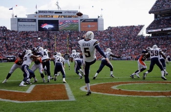 DENVER - SEPTEMBER 14:  Punter Mike Scifres #5 of the San Diego Chargers kicks from his own endzone against the Denver Broncos during NFL action at Invesco Field at Mile High on September 14, 2008 in Denver, Colorado. The Broncos defeated the Chargers 39-