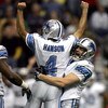 SAN ANTONIO - DECEMBER 24:  Kicker Jason Hanson #4 of the Detroit Lions celebrates a 39-yard game winning field goal with Nick Harris #2 against the New Orleans Saints on December 24, 2005 at the Alamodome in San Antonio, Texas. The Lions defeated the Sai