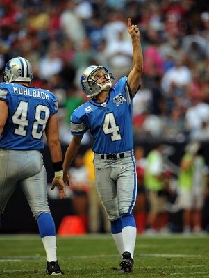 HOUSTON - OCTOBER 19:  Kicker Jason Hanson #4 of the Detroit Lions celebrates a field goal against the Houston Texans at Reliant Stadium on October 19, 2008 in Houston, Texas.  (Photo by Ronald Martinez/Getty Images)