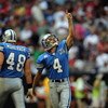 HOUSTON - OCTOBER 19:  Kicker Jason Hanson #4 of the Detroit Lions celebrates a field goal against the Houston Texans at Reliant Stadium on October 19, 2008 in Houston, Texas.  (Photo by Ronald Martinez/Getty Images)