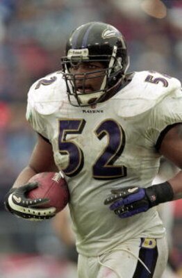 7 Jan 2001:  Ray Lewis #52 of the Baltimore Ravens runs with the ball during the AFC Divisional Playoffs Game against the Tennessee Titans at the Adelphia Coliseum in Nashville, Tennessee.  The Ravens defeated the Titans 24-10.Mandatory Credit: (Andy Lyon