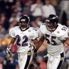 28 Jan 2001:  Duane Starks #22 of the Baltimore Ravens celebrates with teammate Jamie Sharper #55 after an interception touchdown during the Super Bowl XXXV Game against the New York Giants at the Raymond James Stadium in Tampa, Florida. The Ravens defeat