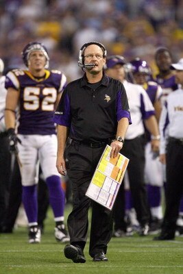MINNEAPOLIS - SEPTEMBER 14: Head coach Brad Childress of the Minnesota Vikings walks on the sidelines during the game against the Indianapolis Colts at the Metrodome on September 14, 2008 in Minneapolis, Minnesota. The Colts defeated the Vikings 18-15. (P