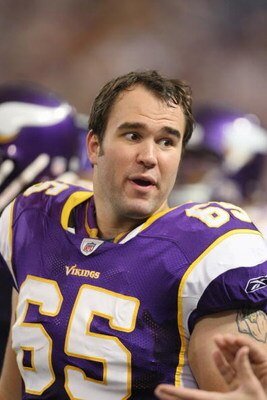 MINNEAPOLIS - SEPTEMBER 21:  John Sullivan #65 of the Minnesota Vikings looks on against the Carolina Panthers during their NFL game at the Hubert H. Humphrey Metrodome on September 21, 2008 in Minneapolis, Minnesota. The Vikings defeated the Panthers 20-