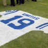 BALTIMORE - SEPTEMBER  15:  Detail of an onfield tribute to Hall of Fame quarterback Johnny Unitas #19 of the Baltimore Colts during halftime of the NFL game between the Tampa Bay Buccaneers and the Baltimore Ravens on September 15, 2002 at Ravens Stadium