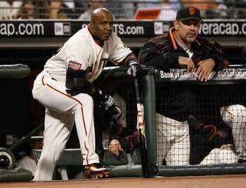 SAN FRANCISCO - SEPTEMBER 26:  Barry Bonds #25 of the San Francisco Giants stands with Giants manager Bruce Bochy #15 before batting in the first inning against the San Diego Padres September 26, 2007 at AT&T Park in San Francisco, California. Tonight wil