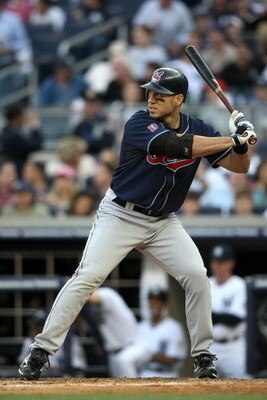NEW YORK - APRIL 18:  Travis Hafner #48 of the Cleveland Indians at bat against the New York Yankees at Yankee Stadium on April 18, 2009 in the Bronx borough of New York City.  (Photo by Nick Laham/Getty Images)