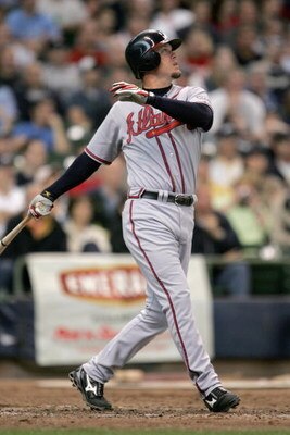 MILWAUKEE - MAY 29:  Chipper Jones #10 of the Atlanta Braves follows his pop-fly during the game against the Milwaukee Brewers on May 29, 2008 at Miller Park in Milwaukee, Wisconsin. The Braves defeated the Brewers 8-1. (Photo by Jonathan Daniel/Getty Ima