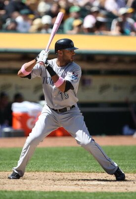 OAKLAND, CA - MAY 10:  Alex Rios #15 of the Toronto Blue Jays bats against the Oakland Athletics during a Major League Baseball game on May 10, 2009 at the Oakland Coliseum in Oakland, California.  (Photo by Jed Jacobsohn/Getty Images)