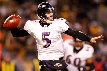 PITTSBURGH - JANUARY 18:  Quarterback Joe Flacco #5 of the Baltimore Ravens looks to pass against the  Pittsburgh Steelers during the AFC championship game on January 18, 2009 at Heinz Field in Pittsburgh, Pennsylvania.  (Photo by Gregory Shamus/Getty Ima