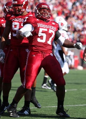 BLOOMINGTON, IN - NOVEMBER 3:  Jammie Kirlew #57 of the Indiana Hoosiers celebrates a defensive stop against the Ball State Cardinals during the game at Memorial Stadium November 3, 2007 in Bloomington, Indiana.  (Photo by Andy Lyons/Getty Images)
