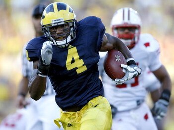 ANN ARBOR, MI - SEPTEMBER 27: Brandon Minor #4 of the Michigan Wolverines rushes for a 34 yard forth quarter touchdown while playing the Wisconsin Badgers on September 27, 2008 at Michigan Stadium in Ann Arbor, Michigan. (Photo by Gregory Shamus/Getty Ima