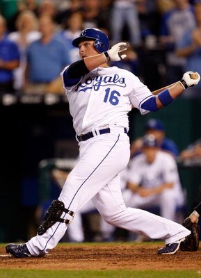 KANSAS CITY, MO - MAY 14:  Billy Butler #16 of the Kansas City Royals singles to drive in two runs during the 5th inning of the game against the Baltimore Orioles on May 14, 2009 at Kauffman Stadium in Kansas City, Missouri.  (Photo by Jamie Squire/Getty 