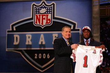 NEW YORK - APRIL 29:  Vernon Davis (R) poses with NFL Commissioner Paul Tagliabue after being selected sixth overall by the San Francisco 49ers at the 2006 NFL Draft on April 29, 2006 at Radio City in New York City.  (Photo by Chris Trotman/Getty Images)