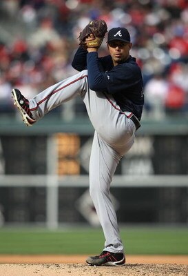 PHILADELPHIA - APRIL 08:  Javier Vazquez #33 of the Atlanta Braves pitches against the Philadelphia Phillies at Citizens Bank Park on April 8, 2009 in Philadelphia, Pennsylvania.  (Photo by Nick Laham/Getty Images)