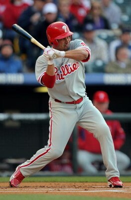 DENVER - APRIL 11:  Center fielder Shane Victorino #8 of the Philadelphia Phillies takes an at bat agasint the Colorado Rockies during MLB action at Coors Field on April 11, 2009 in Denver, Colorado. The Phillies defeated the Rockies 8-4.  (Photo by Doug 