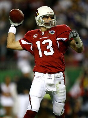 TAMPA, FL - FEBRUARY 01:  Quarterback Kurt Warner #13 of the Arizona Cardinals throws a pass against the Pittsburgh Steelers during Super Bowl XLIII on February 1, 2009 at Raymond James Stadium in Tampa, Florida.  (Photo by Jamie Squire/Getty Images)