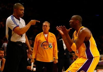 LOS ANGELES, CA - MAY 04:  Kobe Bryant #24 of the Los Angeles Lakers reacts to a call made by referee Tony Brothers in the fourth quarter against the Houston Rockets in Game One of the Western Conference Semifinals during the 2009 NBA Playoffs at Staples 