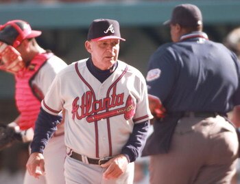 12 Oct 1997:  Manager Bobby Cox of the Atlanta Braves argue with plate umpire Eric Gregg against the Florida Marlins in game five of the National League Championship Series at Pro Player Stadium in Miami, Florida. Mandatory Credit: Matthew Stockman/Allspo
