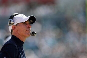 JACKSONVILLE, FL - SEPTEMBER 14:  Head coach Dick Jauron of the Buffalo Bills points looks up late in the game while taking on the Jacksonville Jaguars at Jacksonville Municipal Stadium on September 14, 2008 in Jacksonville, Florida. The Bills defeated th