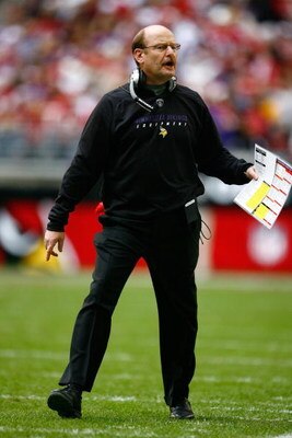 GLENDALE, AZ - DECEMBER 14:  Head Coach Brad Childress of the Minnesota Vikings walks on the playing field during their NFL game against the Arizona Cardinals at the University of Phoenix Stadium on December 14, 2008 in Glendale, Arizona. The Vikings defe