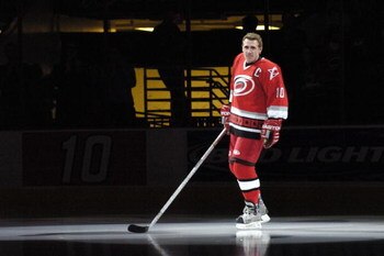 RALEIGH, NC - JANUARY 28: Ron Francis #10 of the Carolina Hurricanes skates his final lap during 'Ron Francis Night' before the game against the Atlanta Thrashers  on January 28, 2006, at the RBC Center in Raleigh, North Carolina. Carolina won 4-1. (Photo