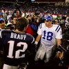 FOXBORO, MA - NOVEMBER 07:  Peyton Manning #18 of the Indianapolis Colts shakes hands with Tom Brady #12 of the New England Patriots after the Colts defeated the Patriots 40-21 at Gillette Stadium on November 7, 2005 in Foxboro, Massachusetts.  (Photo by 