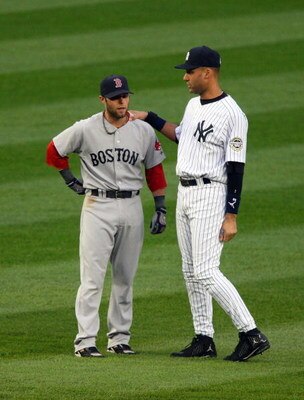 NEW YORK - MAY 05:  Derek Jeter #2 of the New York Yankees talks with Dustin Pedroia #15 of the Boston Red Sox prior to their game on May 5, 2009 at Yankee Stadium in the Bronx borough of New York City.  (Photo by Jim McIsaac/Getty Images)