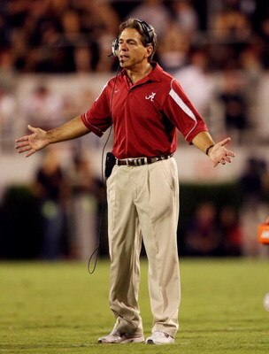 ATHENS, GA - SEPTEMBER 27:  Head coach Nick Saban of the Alabama Crimson Tide coaches from the sidelines while taking on the Georgia Bulldogs at Sanford Stadium on September 27, 2008 in Athens, Georgia.  (Photo by Doug Benc/Getty Images)