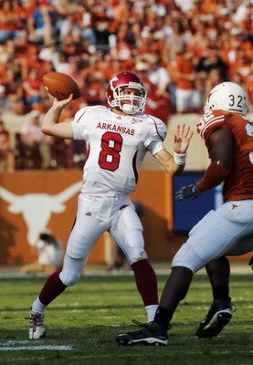 AUSTIN, TX - SEPTEMBER 27: Quarterback Tyler Wilson #8 of the Arkansas Razorbacks throws against Texas Longhorns in the fourth quarter on September 27, 2008 at Darrell K Royal-Texas Memorial Stadium in Austin, Texas.  Texas won 52-10. (Photo by Brian Bahr