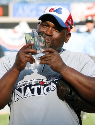 NEW YORK - JULY 13:  Tim Raines with his MVP trophy during the 2008 MLB All-Star Week Taco Bell All-Star Legends & Celebrity Softball Game at Yankee Stadium on July 13, 2008 in New York City.  (Photo by Bryan Bedder/Getty Images)