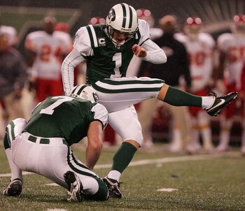 EAST RUTHERFORD, NJ - DECEMBER 30:  Mike Nugent #1 of the New York Jets kicks a game winning field goal in overtime against  the Kansas City Chiefs during their game on December 30th, 2007 at The Meadowlands in East Rutherford, New Jersey.  (Photo by Al B